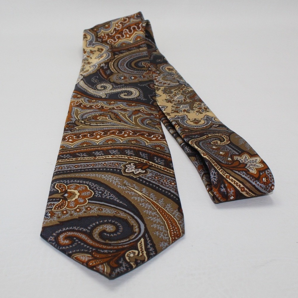 Stafford Tailored Culture Mens Silk Paisley Tie‎ Brown Tan Blue Hand Made